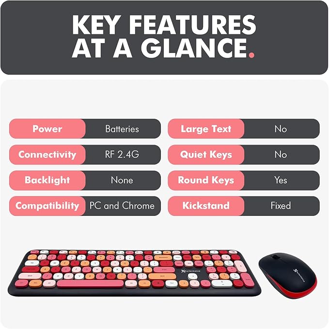 X9 Cute Wireless Keyboard and Mouse Combo - 2.4G Colorful Keyboard and Mouse Wireless with Retro Multi-Colored Typewriter, Keycaps for Windows Computer Keyboard, Laptop - Black
