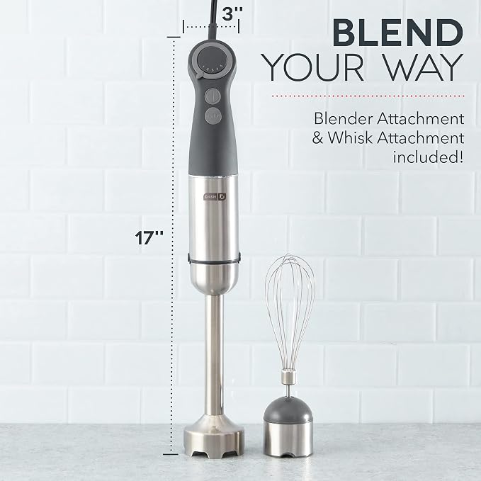 Dash Chef Series Immersion Hand Blender, 5 Speed, 330W Handheld Stick Blender with Whisk Attachment, Stainless Steel Blades for Soups, Sauces, Smoothies & Purées - Cool Grey