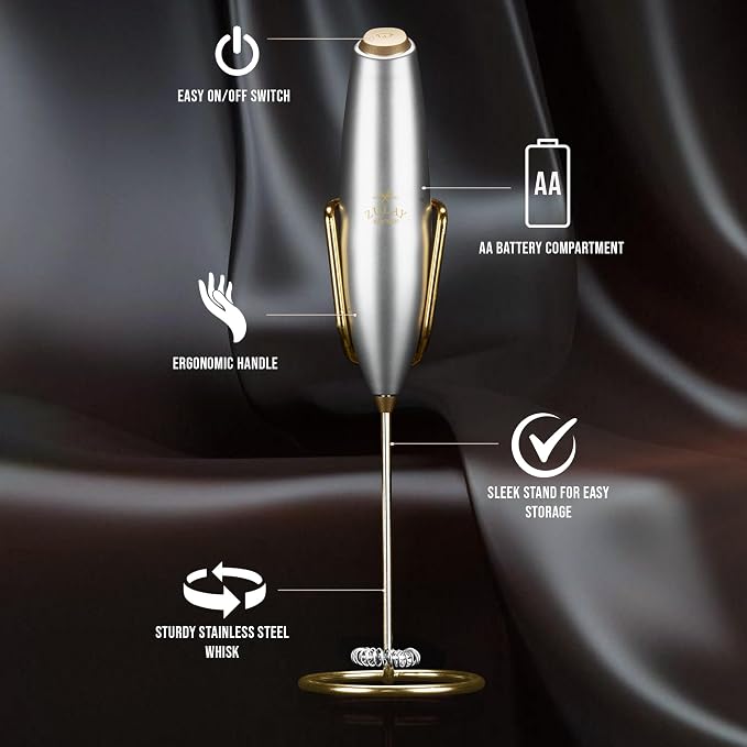 Zulay Kitchen Powerful Milk Frother Wand With Duracell Batteries - Ultra Fast Handheld Drink Mixer - Electric Whisk Foam Maker for Coffee, Lattes, Cappuccino & Matcha - Z1 Motor - Exec Silver Gold
