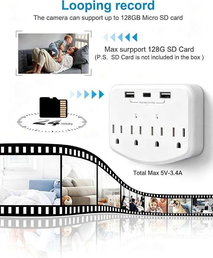 HD 1080P Wireless Hidden Camera WiFi, Indoor Wall Outlet Spy Cam with Motion Detection, Free SD Card, Loop Recording, No Audio Nanny Cameras for Home Security/Office/Baby & Pet