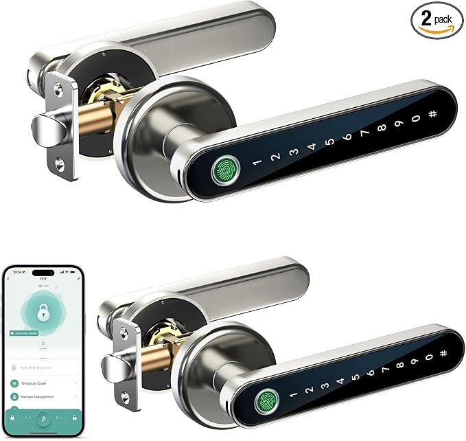 IRONZON IRONZONFingerprint Door Handle for Bedrooms - 190YN 4-in-1 Fingerprint Door Lock with Keypad and App Control, Smart Knob for Bedroom with Key, Keyless Entry Door Handle - Satin Nickel