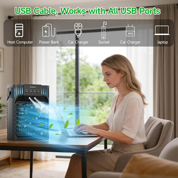 Portable air conditions with remote control, silent with 3 speeds, cooling fan of 1200 ml Personal Air Cooler Fan with 3 Mist, 7 Night Light, 8H Timer, Small Air Conditioner for Bedroom Office