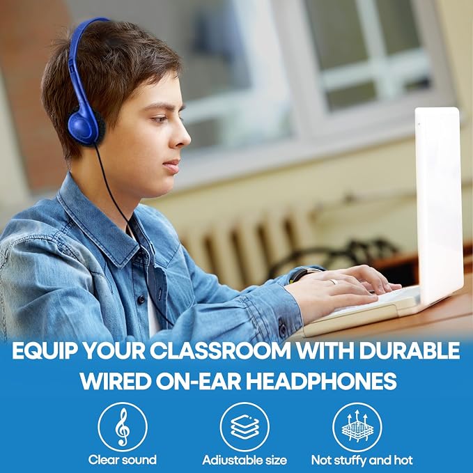 Classroom Headphones Bulk 25 Pack Class Set for School Students Kids and Adult -Sturdy Wired 3.5mm Plug (Blue, 25 Pack)