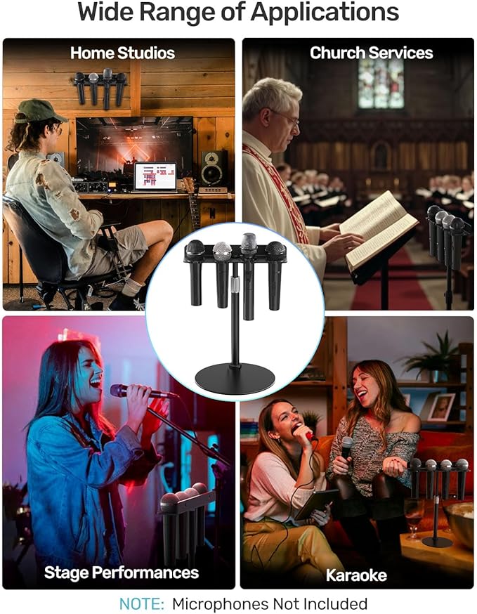 Multi Mic Holder with Mic Stand, Aluminum Desktop Microphone Holder Stand with Rubber Padding, Wall Mounted or Mount on Stand, Handheld Mics Storage for Podium, Stage, Church and Home Studio