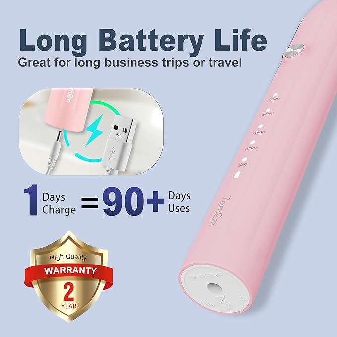 7AM2M Rechargeable Sonic Electric Toothbrush 2 Pack, Soft Toothbrushes for Adults and Kids with 16 Brush Heads, IPX7 One Charge Use for 90 Days, 5 Modes with 2 Minutes Build in Smart Timer