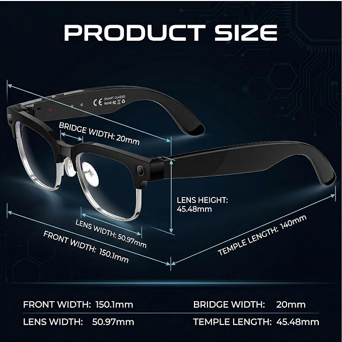 AI Smart Glasses with Camera, 1080P HD POV First-Person View Video Recording and Translator, AI Object Recognition, Bluetooth Audio, 290mAh Battery, Photochromic Lenses for Sports, Travel, Work