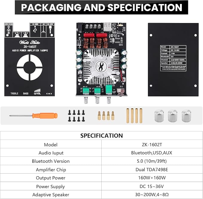 Audio Amplifier Board, ZK-1602T Bluetooth 5.0 Power Amp for Home Speakers 2.0 Channel 160W+160W Stereo Mini Amplifier Module TDA7498E Chip W/TB, USB, AUX, DC 15-36V