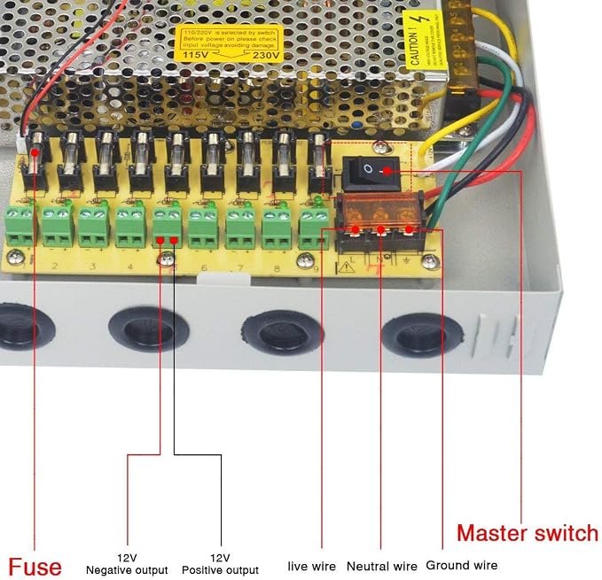 9 Channel/Port 10 AMPS, 12V DC Power Supply Box, Individually Fused for CCTV, LED, and All 12v DC Devices. Includes Screw Drivers & Extra fuses