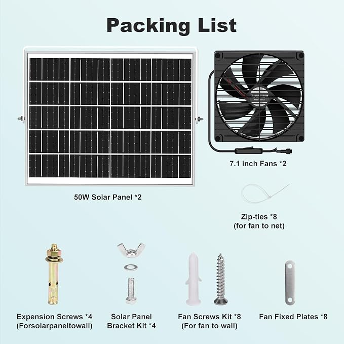 7.1" Solar Greenhouse Fan 2 Pack, 25W x 2 Large Solar Powered Intake and Exhaust Fan Outdoor Waterproof, 16.5 ft Cord, Strong Airflow for Chicken Coop Circulation and Ventilation, No Battery