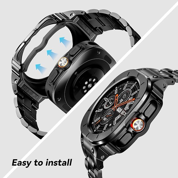 BAITEYOU Stainless Steel Bands with Case Compatible with Samsung Galaxy Watch Ultra 2/1 47mm (2025 2024), Rugged Protector Cover Metal Band for Galaxy Watch 7 8 Ultra for Men (Black)