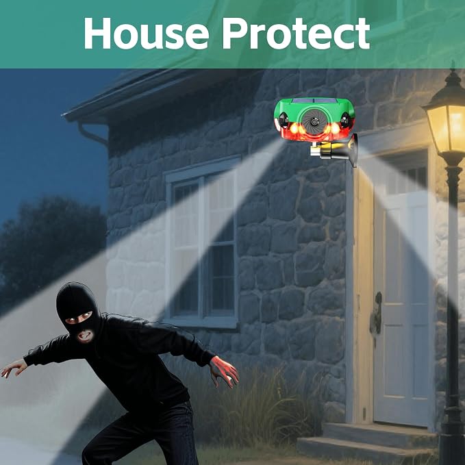 Solar Outdoor Motion Sensor Alarm - 360° Motion Detector Security Alarm, Support Recording, 3*120dB Loud Noise Maker, Dog Barking,14 Sounds and Strobe Light, Remote Controller for Yard Farm Villa (1)