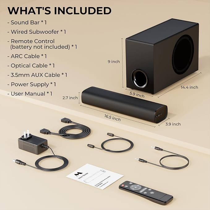 vibeadio Upgraded Sound Bar for TV with 5.9" Powerful 110W Subwoofer, 2.1 CH Surround Sound System, Bluetooth 5.4, ARC/Optical/AUX, Deep Bass Home Theater Audio for PC, Gaming, Projectors & Gifts