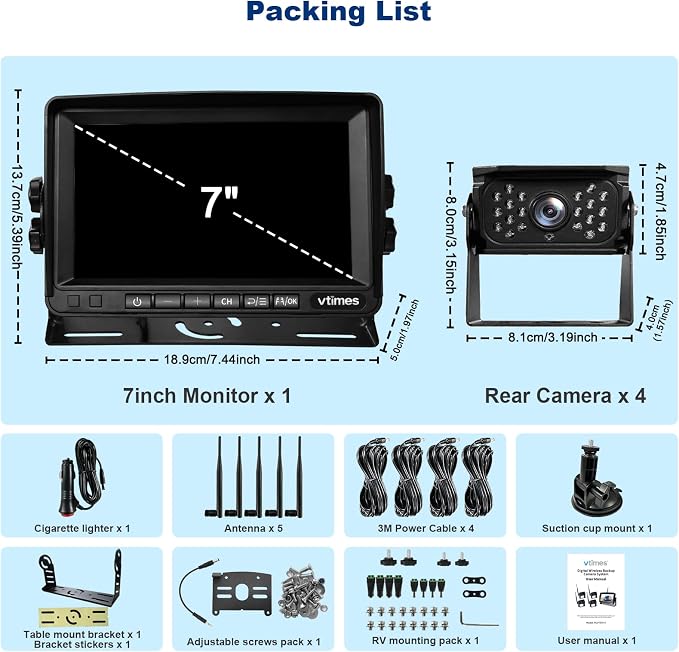 4-Camera Wireless RV Backup System, RV Backup 4 Camera Wireless with 7'' HD Monitor System for RV Truck Trailer Camper, 4-Split Screen, 984FT Signal Range, BSD Alert, IP69K Waterproof IR Night Vision