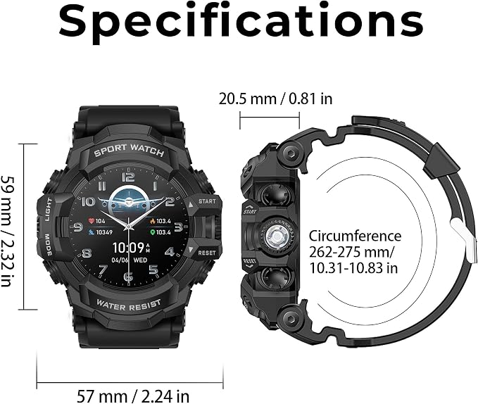 MIDDOW Military Smart Watch with Flashlight (Answer/Make Call) Compass, Heart Rate/Sleep/Sports Tracker, IP68 Waterproof, Long Battery Life, HD Screen, Android & iOS (Black)