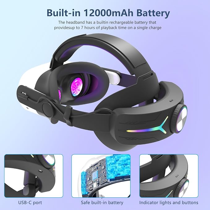 Head Strap for Meta Quest 3/3s Accessories Upgraded RGB Lighted with Battery 12000mAh, Quick Charge for Extended Playtime, to Reduce Facial Stress, Adjustable Elite Strap, (Black-1)