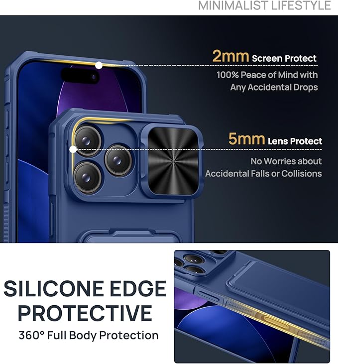 SSLOTSCASE for iPhone 17 Pro Case with Stand & Credit Card Holder & Sliding Camera Cover & Camera Stand & Wallet, Rugged Silicone Edge Protective Phone Case Cover for iPhone 17 Pro 6.3'' 5G 2025, Blue