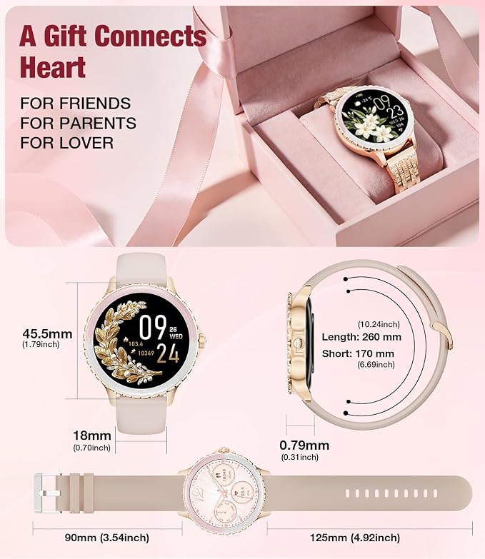 SUNKTA Smart Watch for Women (Answer/Make Call),1.27" Curved Display Smartwatch with Female Cycle/Sleep Monitor,5ATM Waterproof Fitness Tracker 100 Sport Modes Pedometer for Android/iOS,Gold Diamond