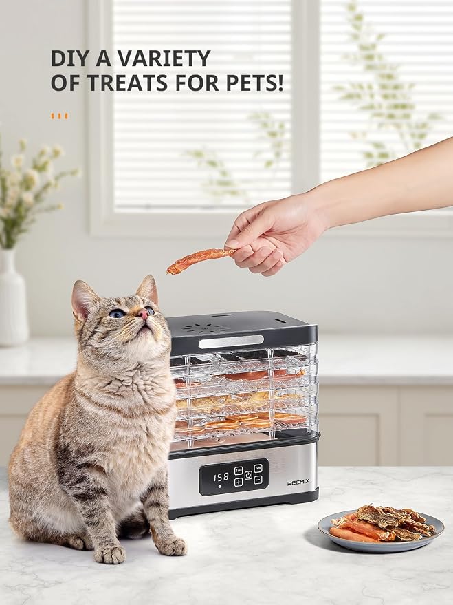 Reemix 5-Tier Compact Food Dehydrator - BPA-Free Trays, Stainless Steel Base, Touch Control LCD Display for Temperature/Time Adjustment, Home Use Dryer for Fruits, Veggies & Jerky