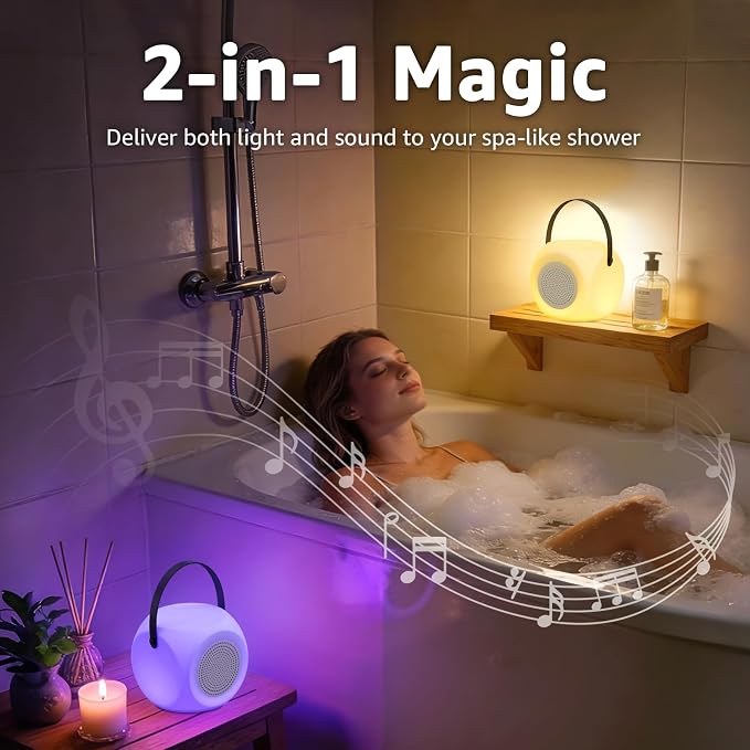 FUYO Shower Lamp with Speaker 16 Colors with Remote, Shower Lights Waterproof, Bluetooth Speakers with Lights Dual Pairing HD Stereo Sound for Indoor Outdoor Bathroom Party Pool Patio (Fatty)