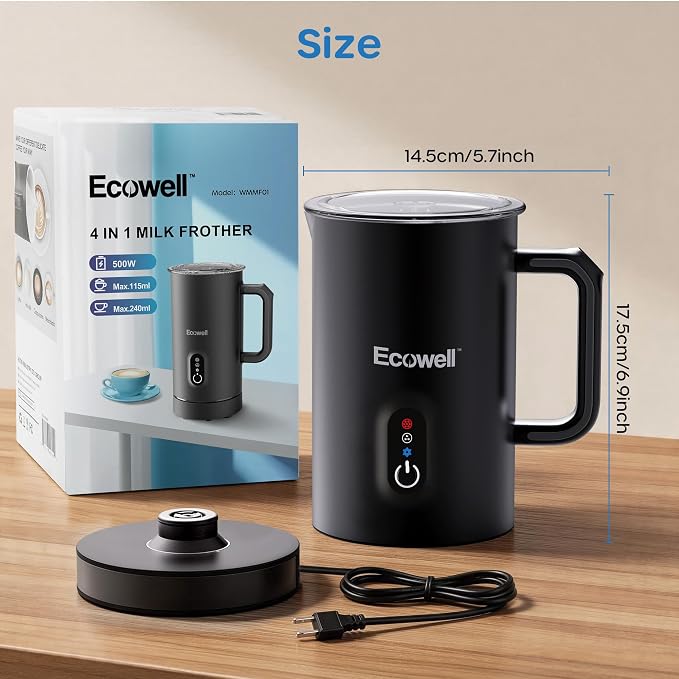 ECOWELL Automatic Milk Frother and Steamer, 4 in 1 Electric Coffee Milk Foamer Frother, Hot Chocolate Maker, Warm and Cold Foam for Coffee Latte, Macchiato, Cappuccinos, 8.1oz/240ml
