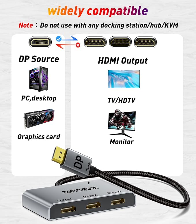 DisplayPort to HDMI Splitter for 3 Monitors Adapter |4K@60Hz| HDMI Splitter Extended Display 1 in 3 Out MST Hub for Multiple Monitor Compatible with PC,NVIDIA/AMD Graphic Card