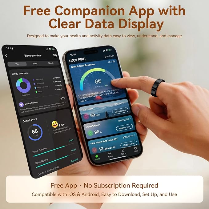 Smart Health Fitness Ring for Women & Men, Activity Tracker with Step Counter, Sleep Monitor & Stress Tracking, Waterproof, Compatible with Android & iOS, No Subscription Fee