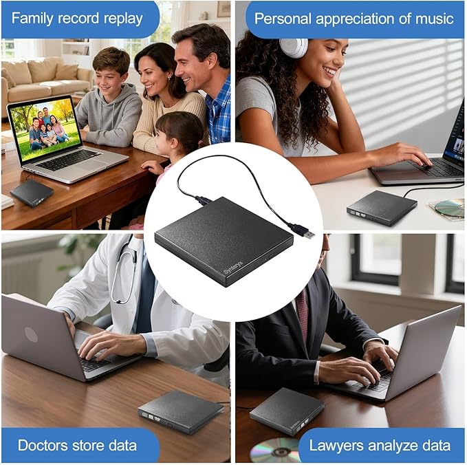 External CD DVD Drive USB and Type-C, Portable Slim CD/DVD +/-RW Burner Reader Writer Player for Laptop Desktop PC Mac Windows Linux OS Apple (Matte Black (with Protective Case))