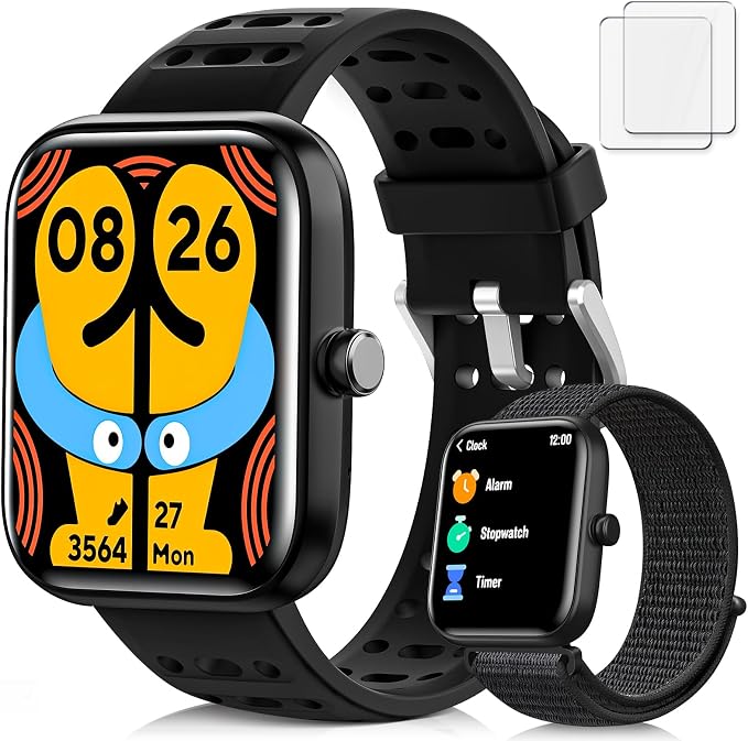 Smart Watch Kids Fitness Tracker, Kids Smart Watch with Health Monitor, Activities Track & Water/Rest/Task Reminder, IP68 Waterproof Smartwatch with Puzzle Games, Boys Gift for Birthday-Black(2 Bands)