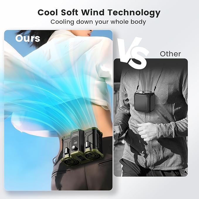 coldSky Waist Fan, 1-150 Adjustable Wind Speed Clip-on Fan | High Speed Dual-Motor,Rechargeable,Hands-Free,for Oudoor,Camping, Jobsite