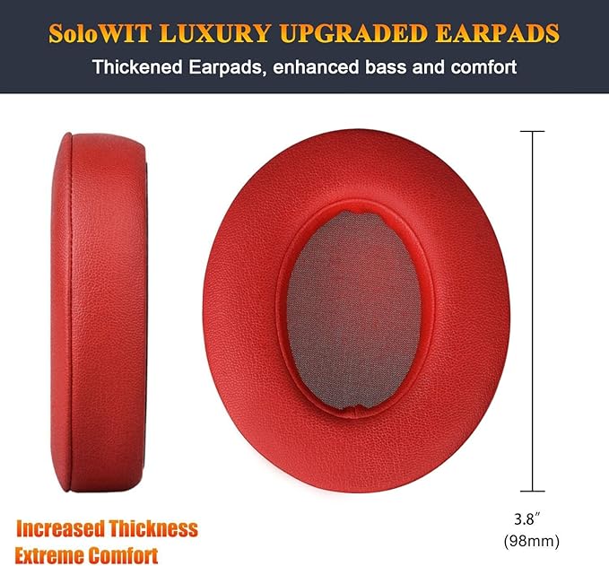 SoloWIT Replacement Ear Pads Cushions for Beats Studio 2 & Studio 3 Wired & Wireless Headphones, Earpads with Soft Protein Leather, Noise Isolation Memory Foam, Added Thickness - Red