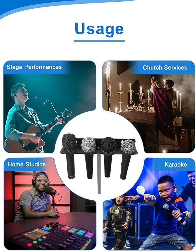 Multi Microphone Holder for Wired and Wireless Mics, Hold Up to 4 Mics, Multiple Mic Organizer Storage for Mic Stand, Rubber Padding/Wall Mounted or Mounted to 5/8"-27 or 3/8"-16 threaded Stands