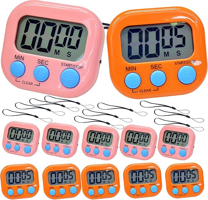 2 Pack Small Digital Kitchen Timer Magnetic Back and On/Off, Classroom Timers for Teachers Kids, Count Up Count Down Loud Alarm Stop Memory Function for Cooking Study Work Exercise (5, Pink+Orange)