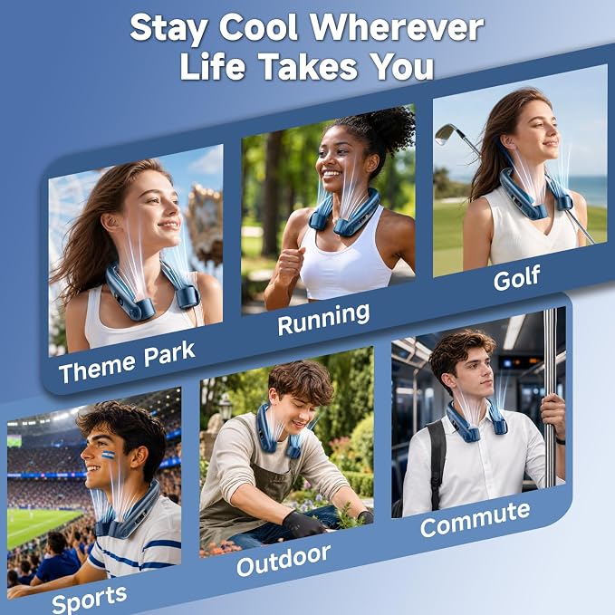 Portable Neck Fan with Cooling Plates, 6000mAh Rechargeable Wearable Fan with 1-100 Speed Control, Hands-Free Personal Cooling Fan with Digital Display, Adjustable Air Outlets for Travel Outdoor-Blue
