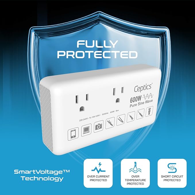 Ceptics 600W Pure Sine Wave 220v to 110v Converter, Step Down Voltage Converter us to Europe, 6 Plug attachments and 4 USB Ports (35W max), Perfect for Hair dryers, Straighteners and Curling Irons