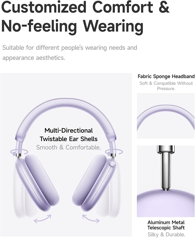 Picun F8 Pro Hybrid Active Noise Cancelling Headphones with Multiple Modes, Wireless Over-Ear Bluetooth Headphones, 140H Playtime, Customizable Sound, Head Tracking,Travel, Office (Purple)