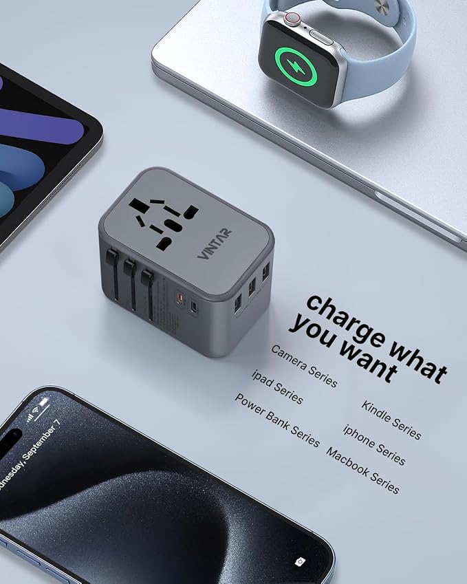 Universal Travel Adapter, VINTAR 35.5W International Power Adapter with 3 USB A QC and 2 USB C PD, All in One Plug Adapter Worldwide Travel Essentials for EU/UK/USA/AUS(Type C/G/A/I), Silver