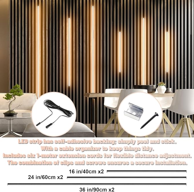 Lichaser 6 Pcs Smart Recessed Lighting for Acoustic Wall Panels, WiFi Warm White LED Strip Lights Compatible with Alexa, Self-Adhesive Black Aluminum LED for Wood Slat Wall Panels (2*16+2*24+2*36 in)