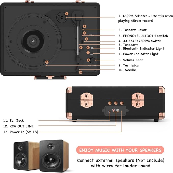Vinyl Record Player 3 Speed Bluetooth Portable Suitcase Belt-Driven Record Player with 2 Built-in Stereo Speakers Vinyl Vintage Turntable Records Player with RCA Line Out AUX Out (Black&Rose Gold)
