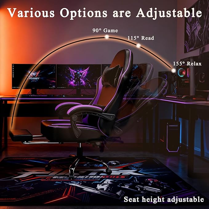 Gaming Chair with Pocket Spring Cushion and Footrest, Ergonomic Computer Chair for Adults, Breathable PU Leather Game Chair, Adjustable Headrest and Lumbar Support Office Desk Chair