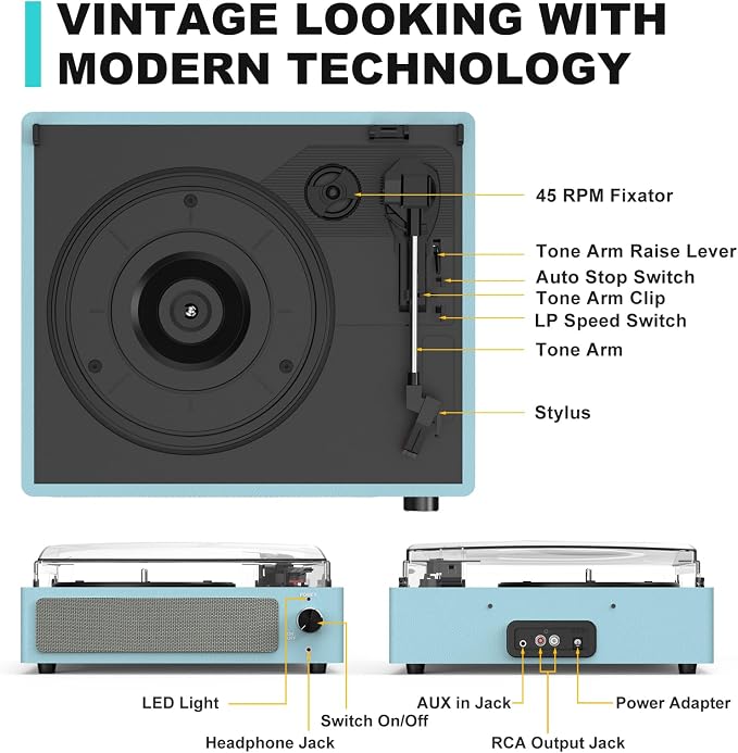 Vinyl Record Player with Speakers Vintage Turntable for Vinyl Records Belt-Driven Turntable Support 3-Speed, Wireless Playback Headphone AUX-in RCA Line LP Players for Sound Enjoyment New Sleek Blue