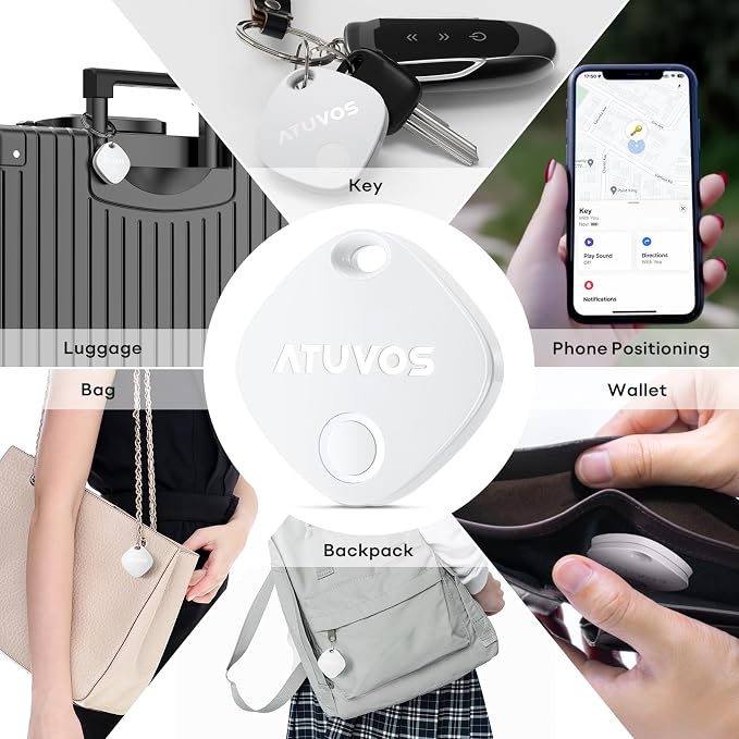 ATUVOS Luggage Tracker, Key Finder, Bluetooth Tracker Pairs with Apple Find My (iOS Only), Item Locator for Bags, Wallets, Keys, Waterproof IP67, Anti-Lost 2 Pack, White
