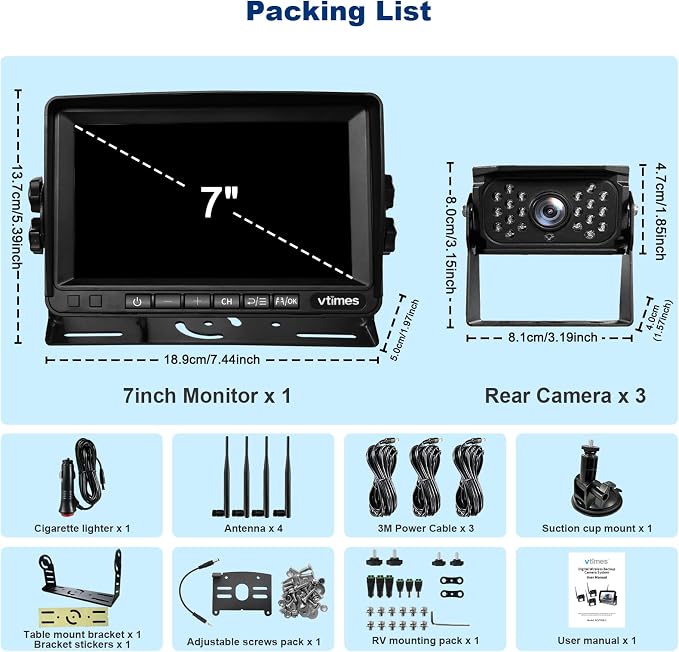 VTimes 3-Camera Wireless RV Backup System, RV Backup Camera with 7'' HD Monitor for Truck, 4 Channels Split Screen, BSD Alert, 984FT Signal Range, IP69K Waterproof IR Night Vision, DIY Guide Lines