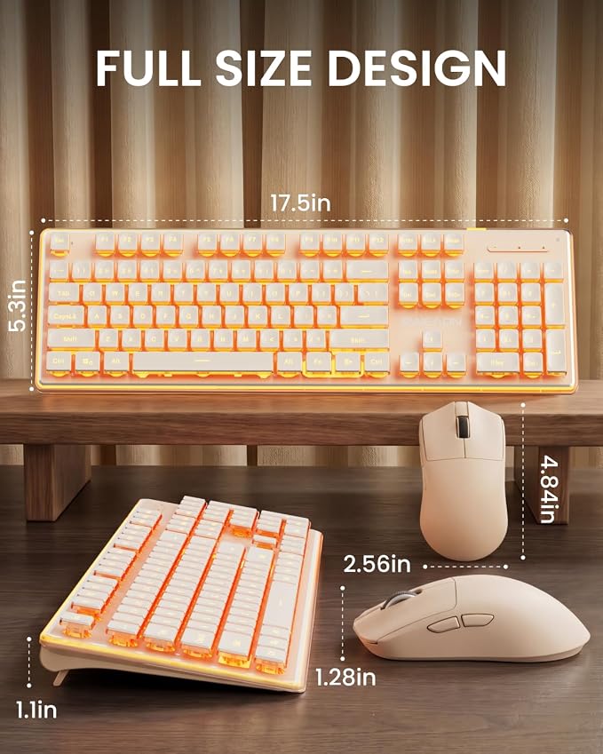 Wireless Keyboard and Mouse Combo with Warm Backlit Pudding Keycaps, Bluetooth & 2.4G, 2000mAh Rechargeable, Full Size, Metal Panel Quiet Computer Keyboard Set for Windows PC Desktop - Rose Gold