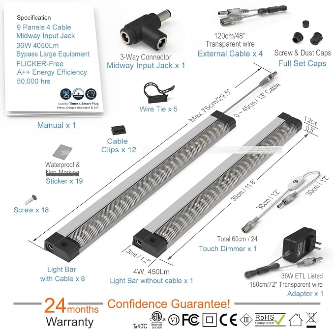 EBD Under Cabinet Lights Plug in 9 Pcs 12 Inch, Dimmable No Messy Wires Built-in Adjustable Cable LED Light Bar, T-Connector Counter Lighting for Smart Plug Kitchen Home Office 3000K 4050Lm 4 Cables