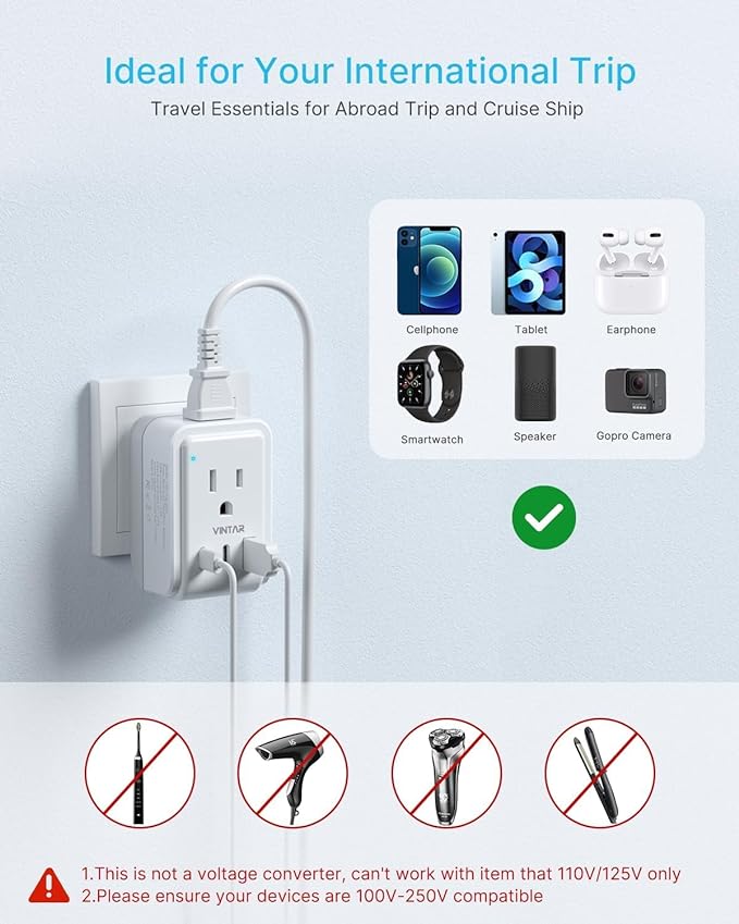 3 Pack Type E F Plug Adapter, VINTAR Schuko Germany France Power Adapter with 2 American Outlets 3 USB Ports(2 USB C), 5 in 1 Type E Travel Adapter for US to EU Spain Iceland Korea German French