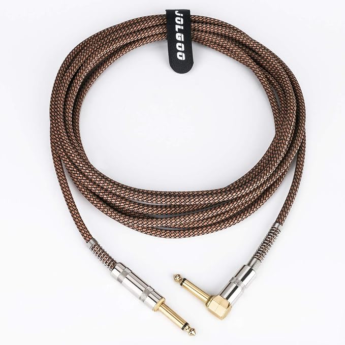 JOLGOO Guitar Cable, 1/4 Inch Cable 15 Ft, Straight to Right Angle 6.35mm Plug Bass Keyboard Instrument Cable, Orange and Black Tweed Cloth Jacket, Electric Mandolin, pro Audio