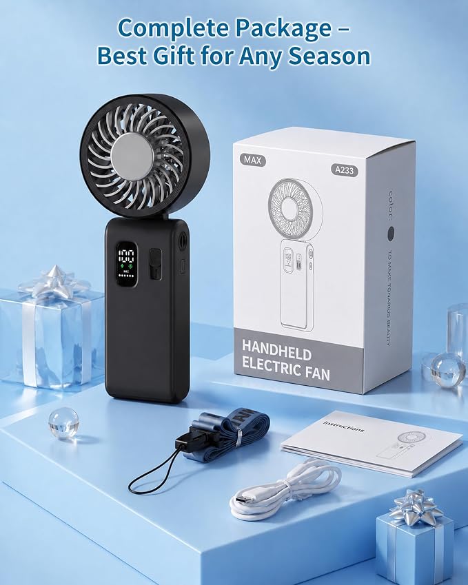 Portable Handheld Fan with Ice Cooling, 100 Speed Rechargeable Mini Desk Fan, Up to 12Hrs Cooling, Powerful Folding Personal Fan for Travel, Camping, Office (Black)