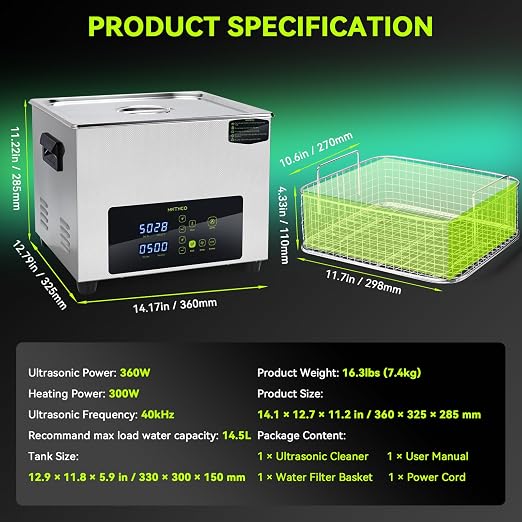 Ultrasonic Cleaner, One-Touch Cleaning,Heating, Deep Mode, ECO Energy-Saving Ultrasonic Cleaning Machine Excellent for Labs,Carburetor,Jewelry,Dentures,Automotive & Industrial Parts. (15L)