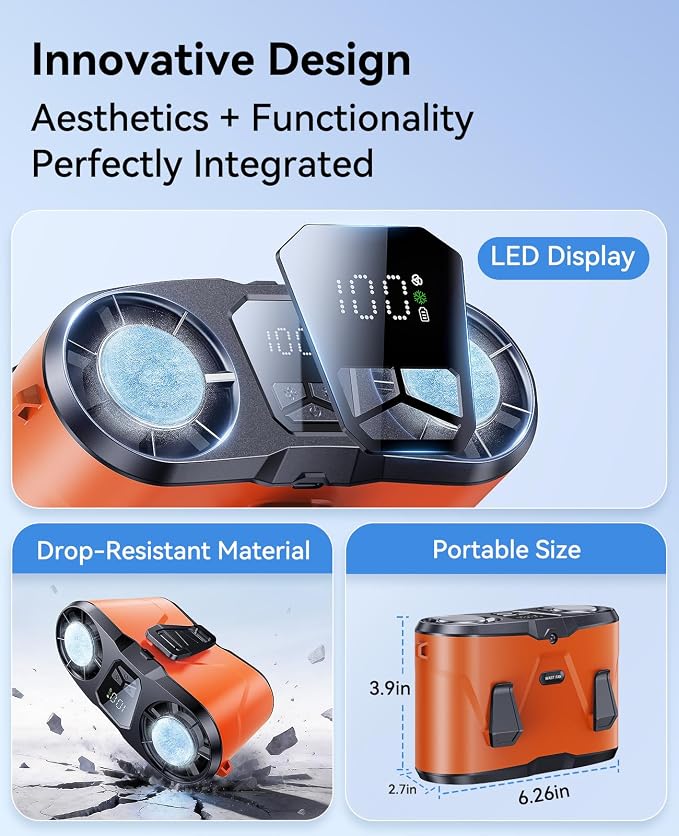 KIMMOO Dual-Motor Rechargeable Waist Fan with Ice Cooling, 25000 RPM High-Speed Neck Belt Clip-on Fan with 10 Gears, LED Display & Flashlight, Hands-Free Personal Fan for Work Outdoor Travel, Orange