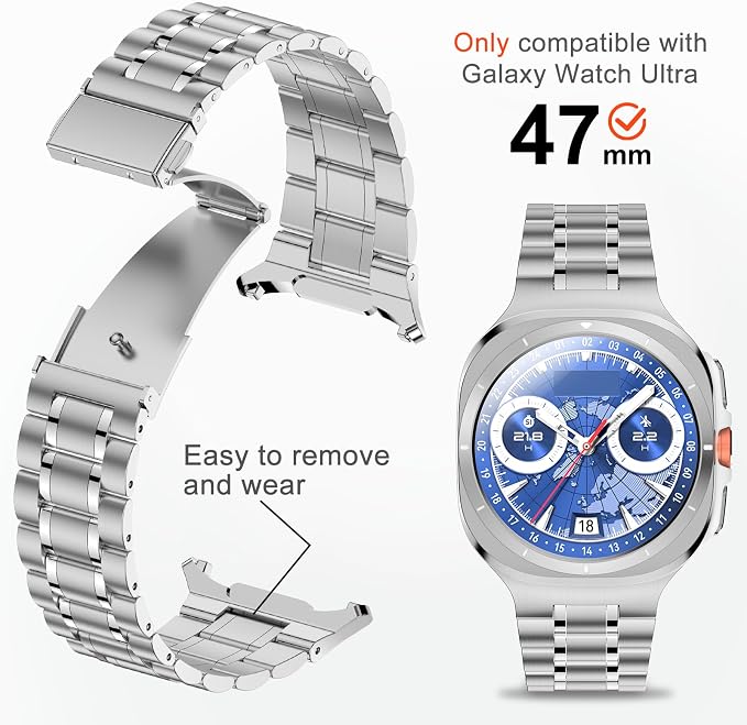 SUPLINK Stainless Steel Band Compatible with Samsung Galaxy Watch Ultra Bands Men Women, Adjustable Metal Replacement Band for Samsung Watch Ultra Bands 47mm, Silver